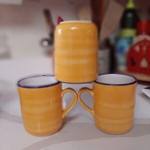 Sunny Yellow Striped Pottery Mugs with Blue Rim Made In New Zealand